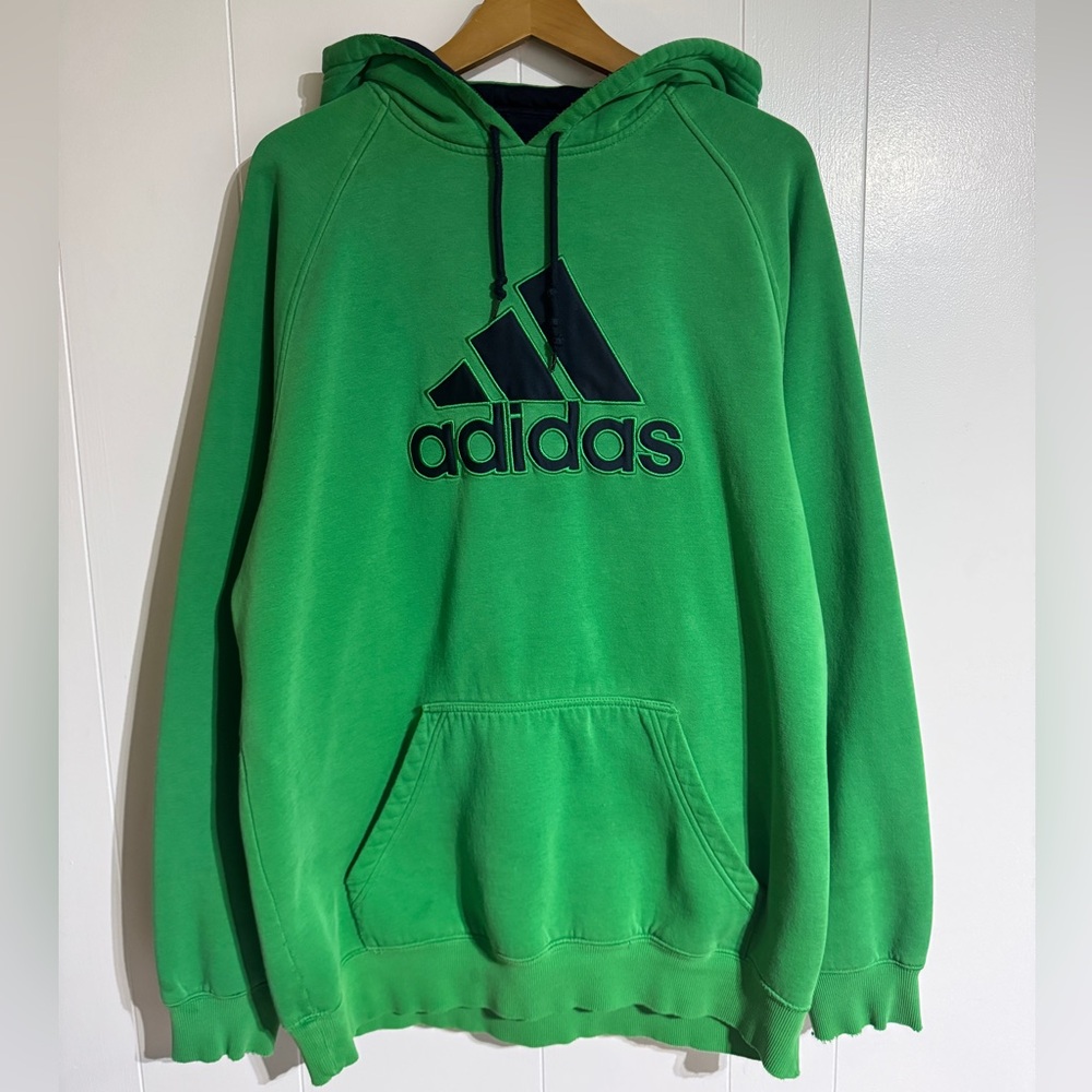 Vintage Y2K adidas Green Hoodie Navy Logo Embroidered Heavyweight Sweatshirt